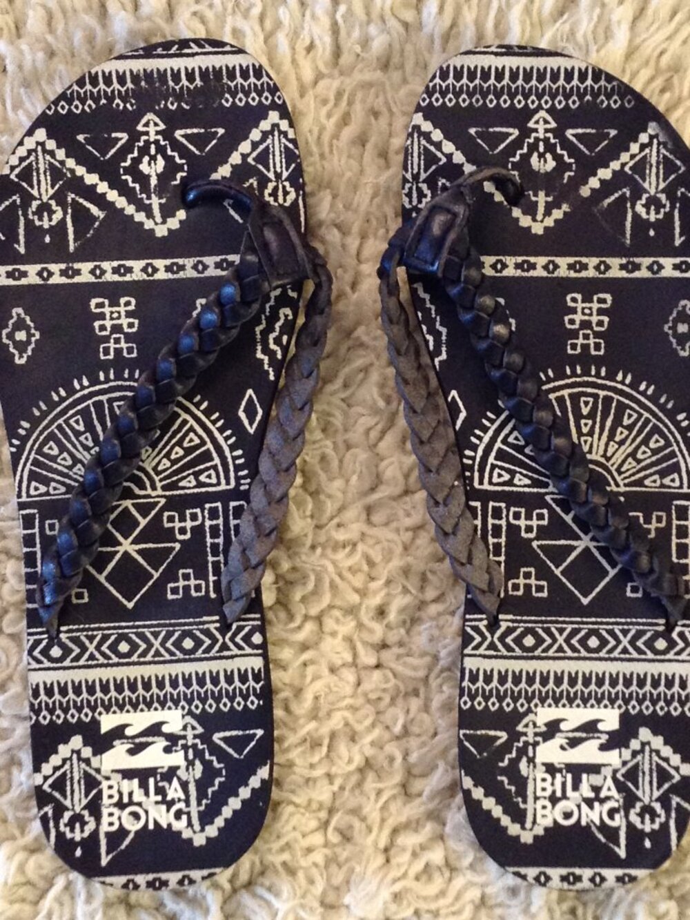 Billabong Leather Braided Flip Flops "9" Black Tribal Pattern Beachcore Vacation